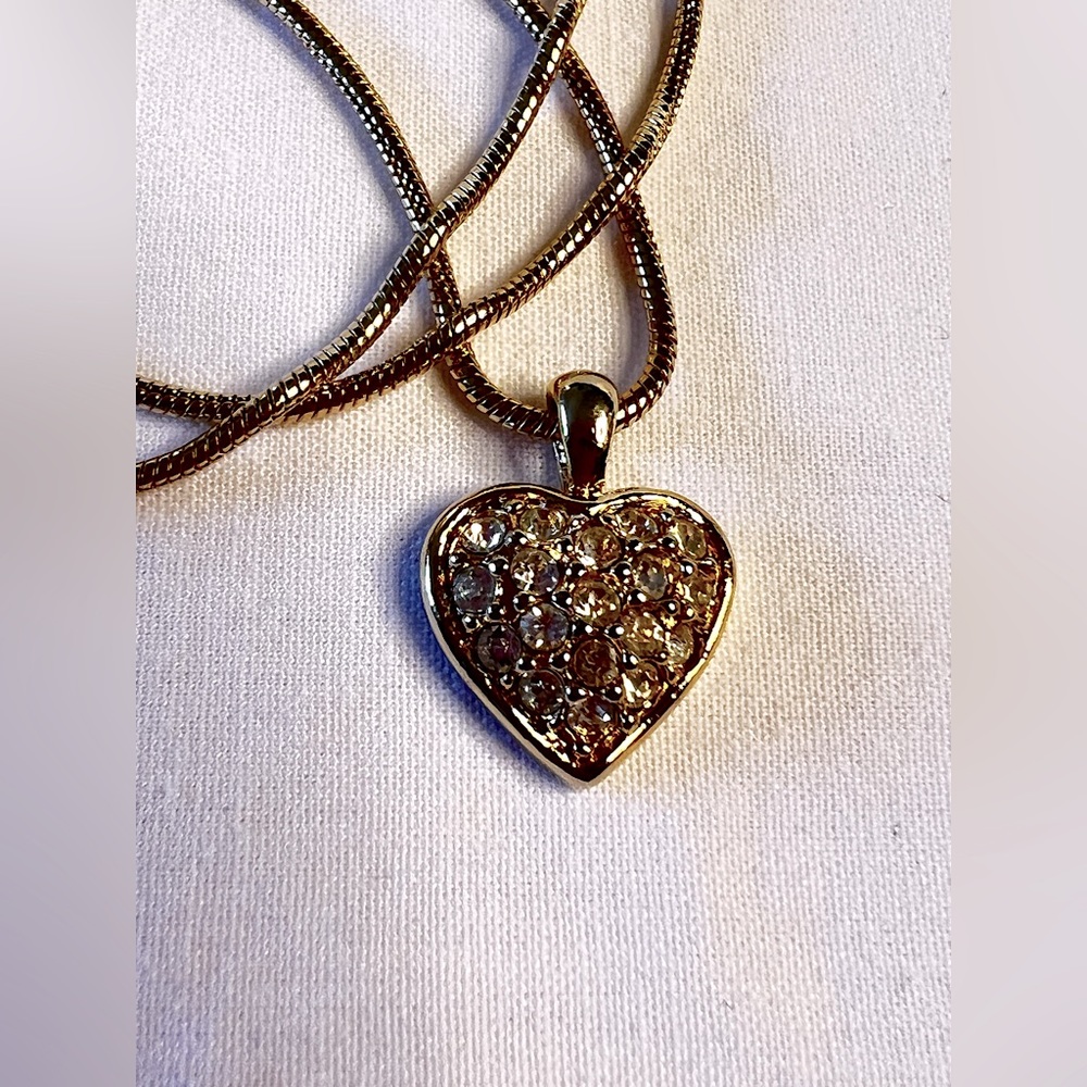 Vintage Gold Tone Heart Pendant Filled w/ Sparkling Rhinestones on a Gold Chain